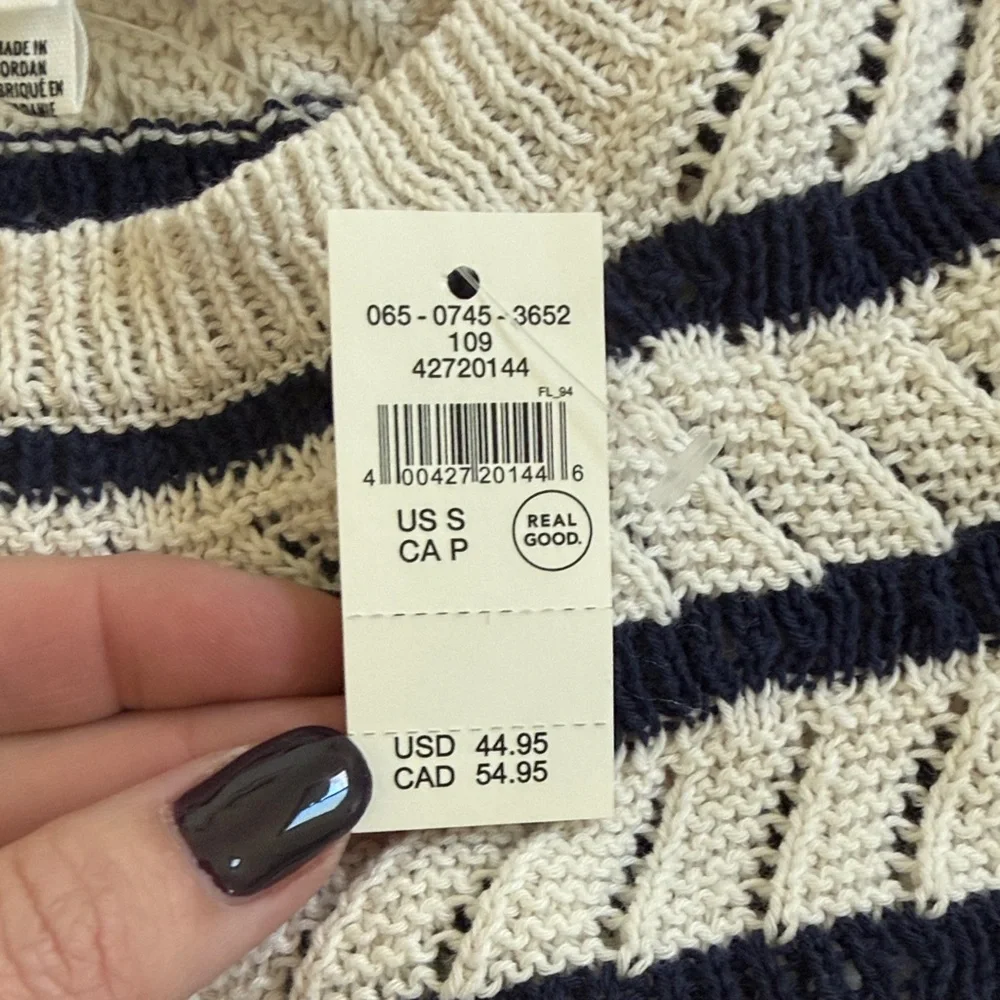 Aerie Cream and Navy Striped shrunken crop  Sweater - Picture 3 of 5